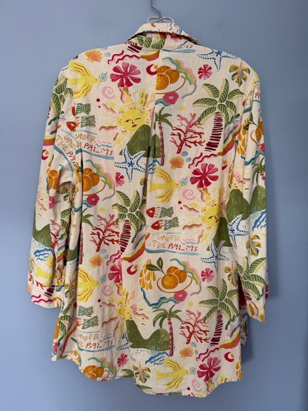 Calypso St. Barth L tropical Print Button-Up Shirt Palm Fruit Floral 3/4 Sleeve - Picture 6 of 7